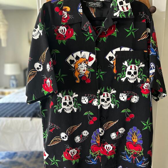 Men’s Dragonfly Button-front Poker Dice Collared Shirt SZ LARGE - Picture 1 of 7